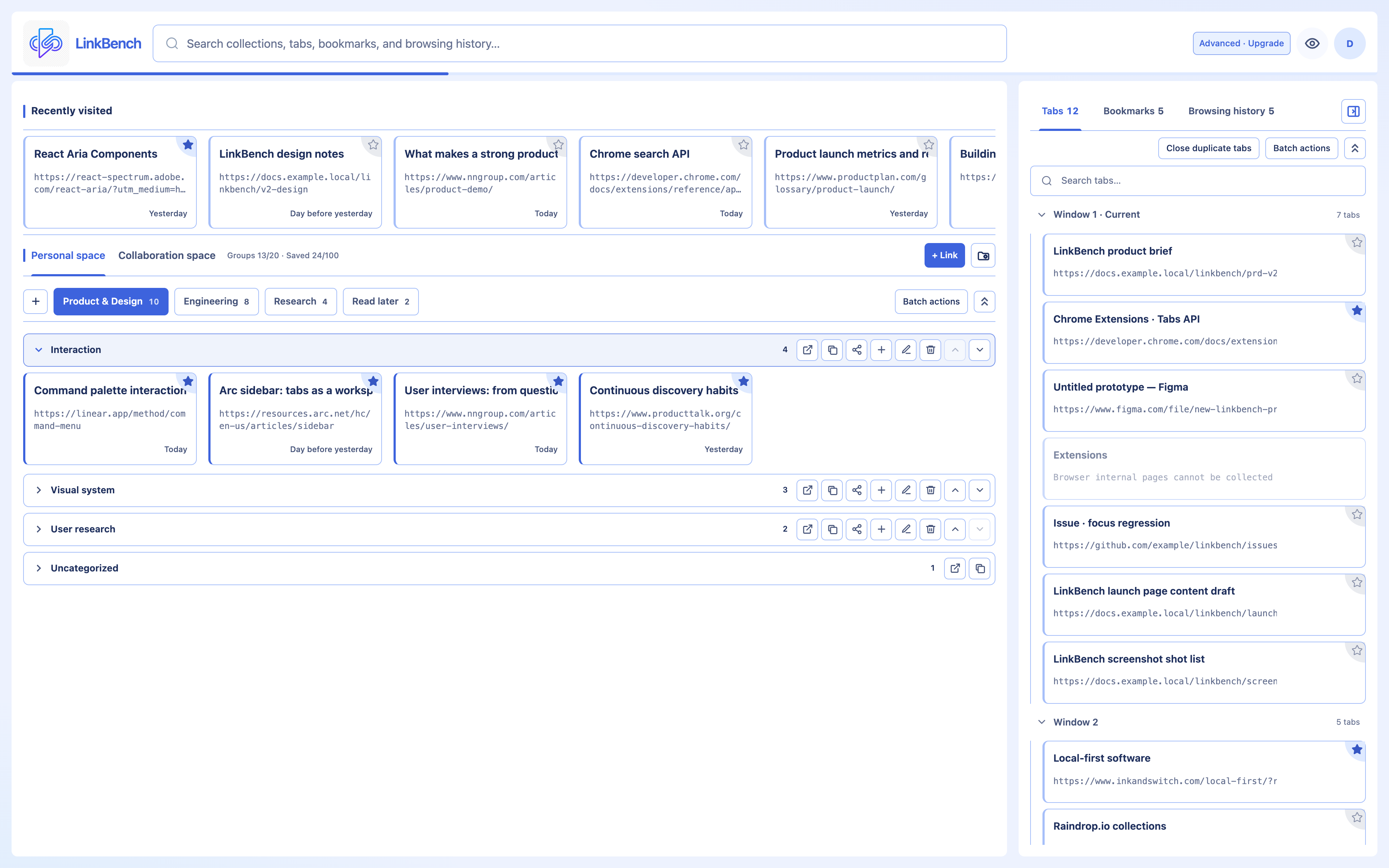 Current LinkBench new-tab workspace with personal and collaboration spaces, icon-based group actions, and browser sources beside the saved-link library.