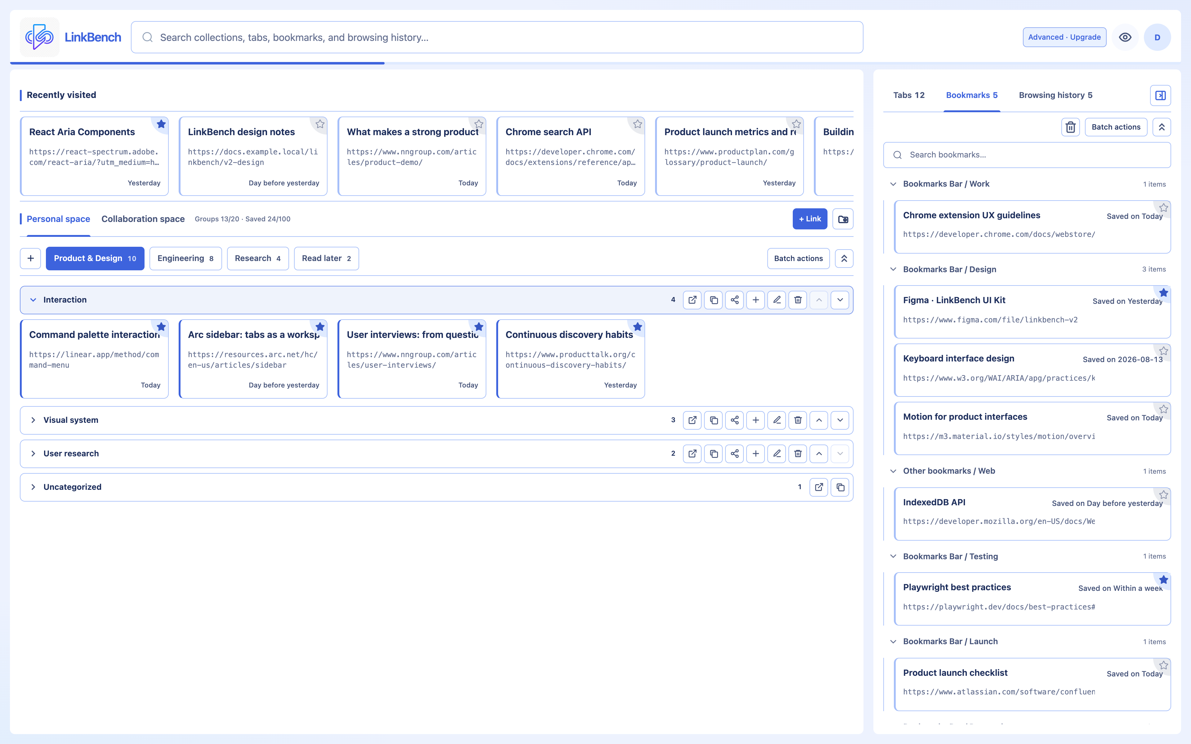 LinkBench source panel showing bookmarks alongside saved links, so browser sources stay in one workspace.